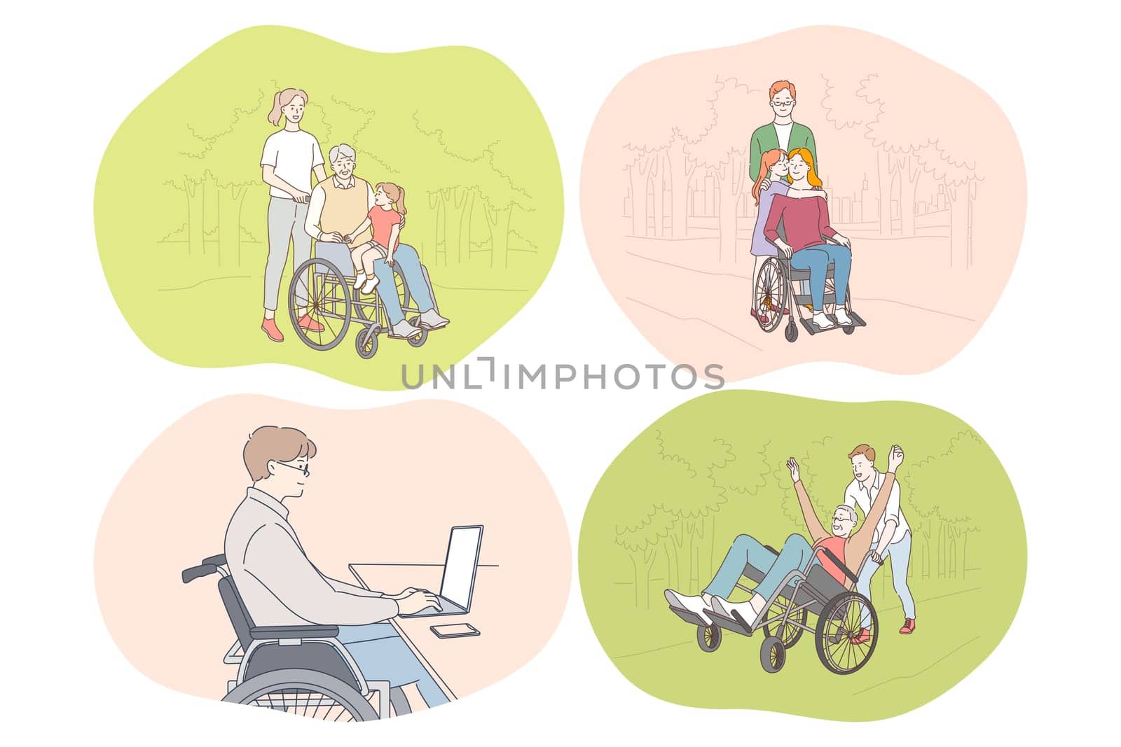 Disabled people on wheelchair living happy active lifestyle concept. Young disabled men and women on wheelchairs having family, working on laptop, walking in park, enjoying time and having fun