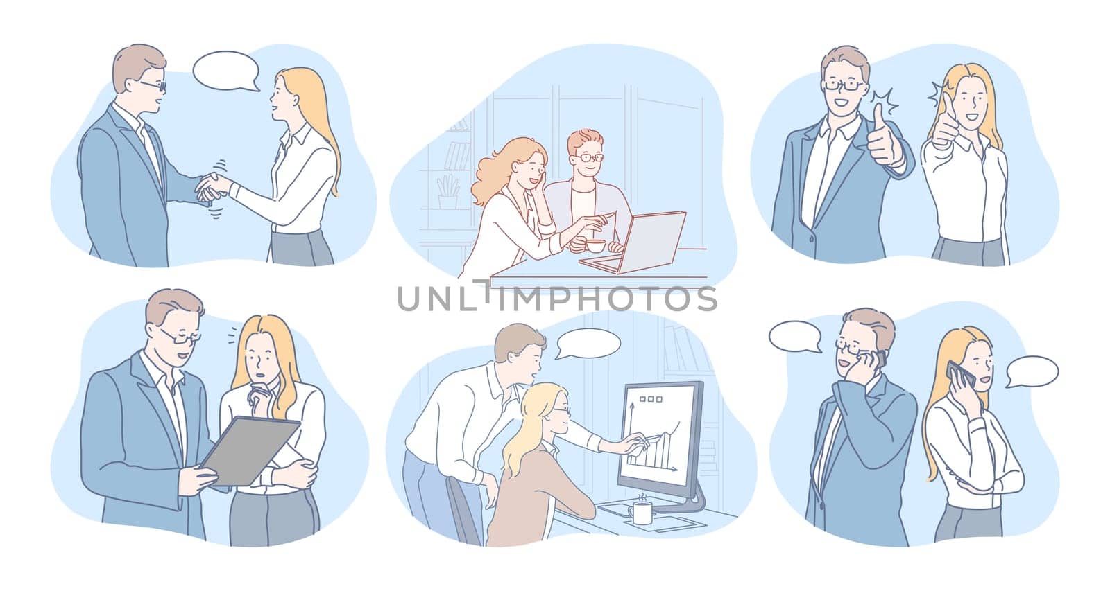 Communication, business, teamwork, marketing, agreement concept. Business people partners coworkers cartoon characters discussing projects, analysing marketing data, having brainstorming, negotiating