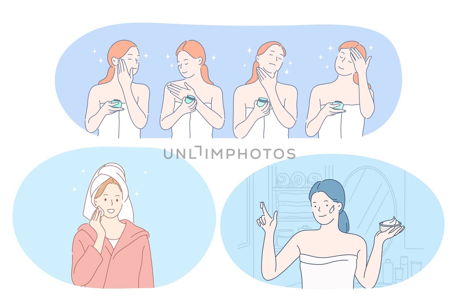 Beauty, cosmetics, make up, skincare, wellness concept. Young smiling women cartoon characters using face cream, lotion, peeling, facial mask and moisturiser for everyday use. Dermatology, cosmetology
