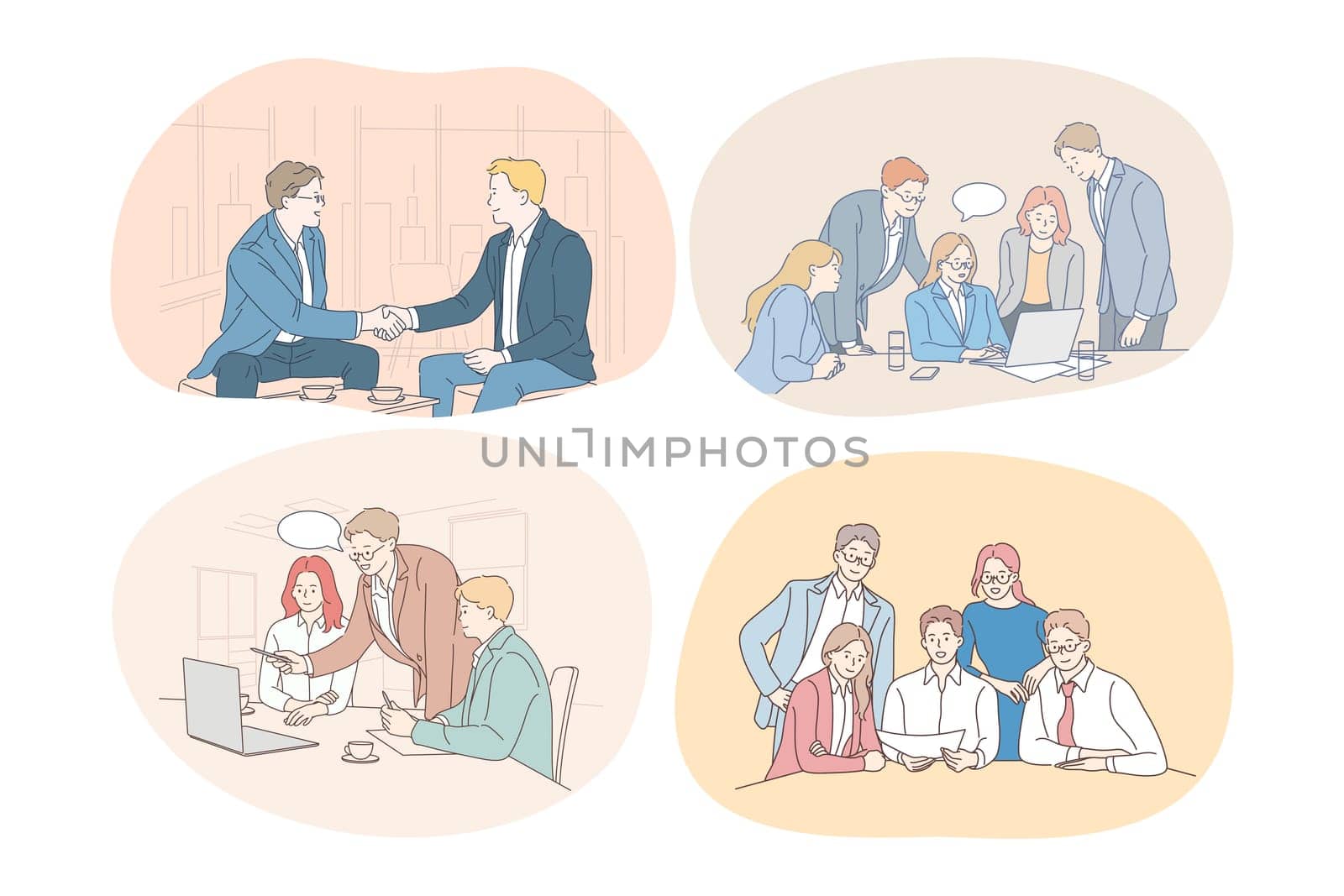 Teamwork business negotiations deal, office, agreement, cooperation concept. Business people partners coworkers discussing projects during brainstorming, arguing, making presentation together