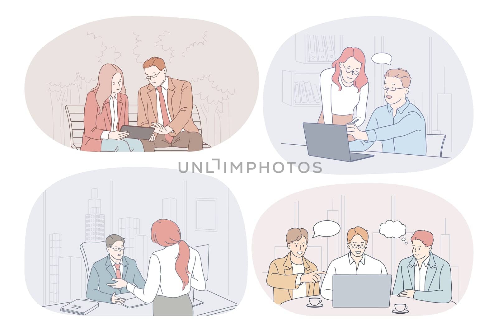 Teamwork, communication, business, cooperation, discussion, report concept. Business people partners coworkers discussing working projects, having brainstorming, making presentations together