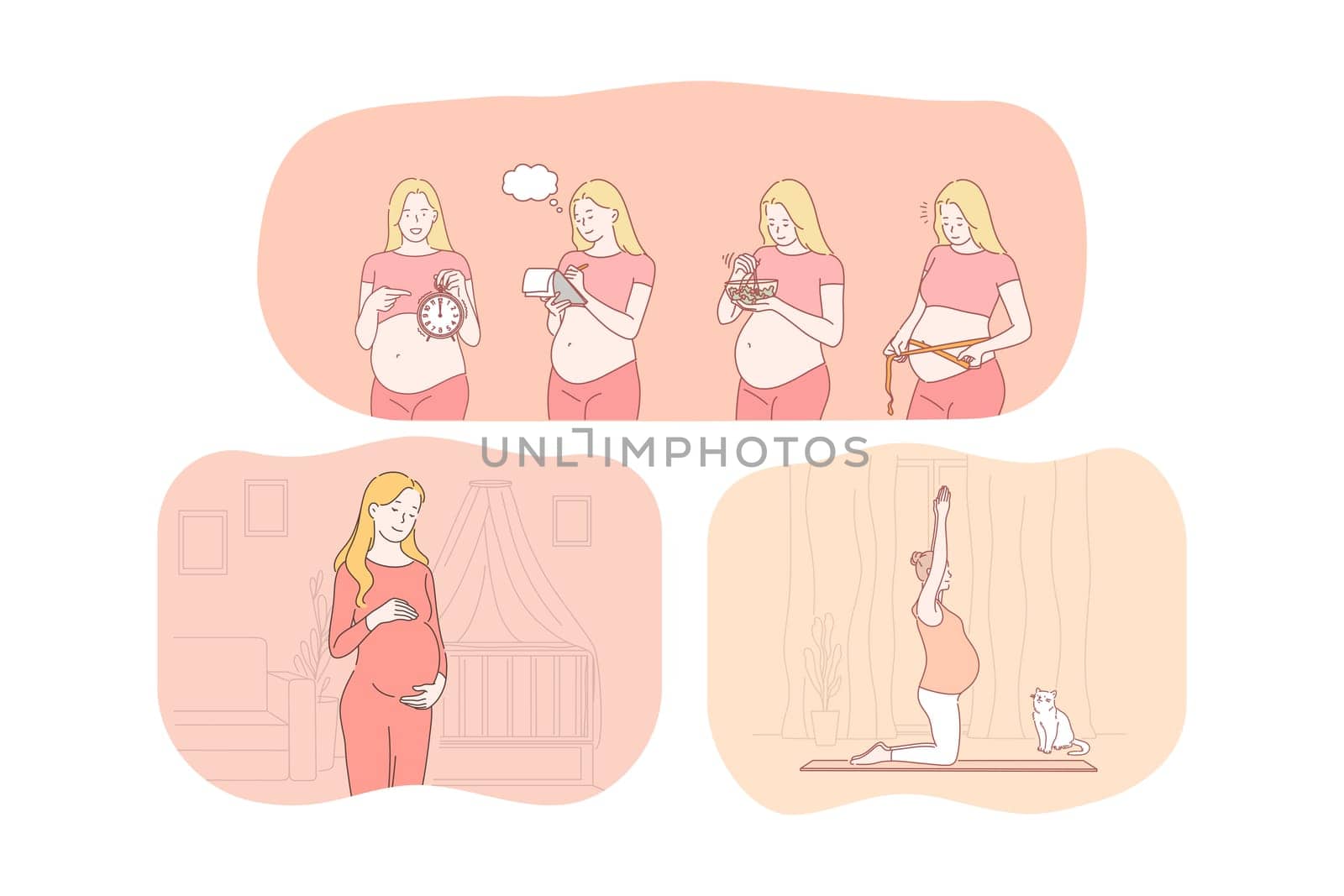Pregnancy, motherhood, expecting for childbirth and baby concept. Young happy pregnant women cartoon characters measuring belly, relaxing on mat, feeling love and counting days before birth giving day