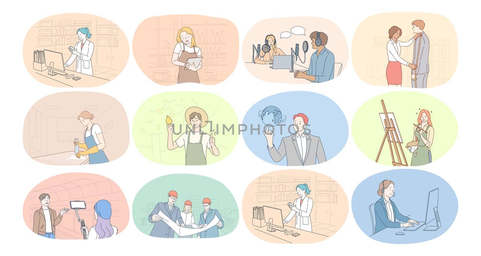 Professions, occupation, work, job, labor, business concept. People scientist waiter journalist tailor cleaner farmer teacher painter artist engineer manager pharmacist manager during work