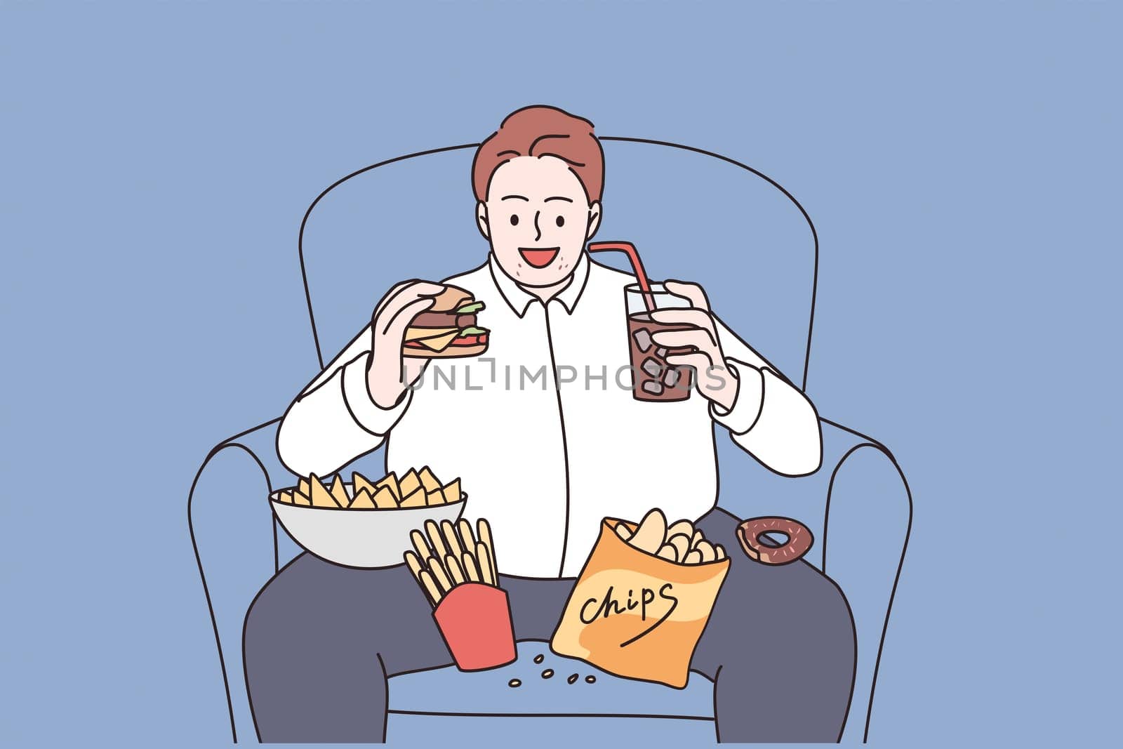 Over weight and unhealthy eating concept. Young smiling man cartoon character sitting in armchair eating burger french fries and drinking lemonade vector illustration