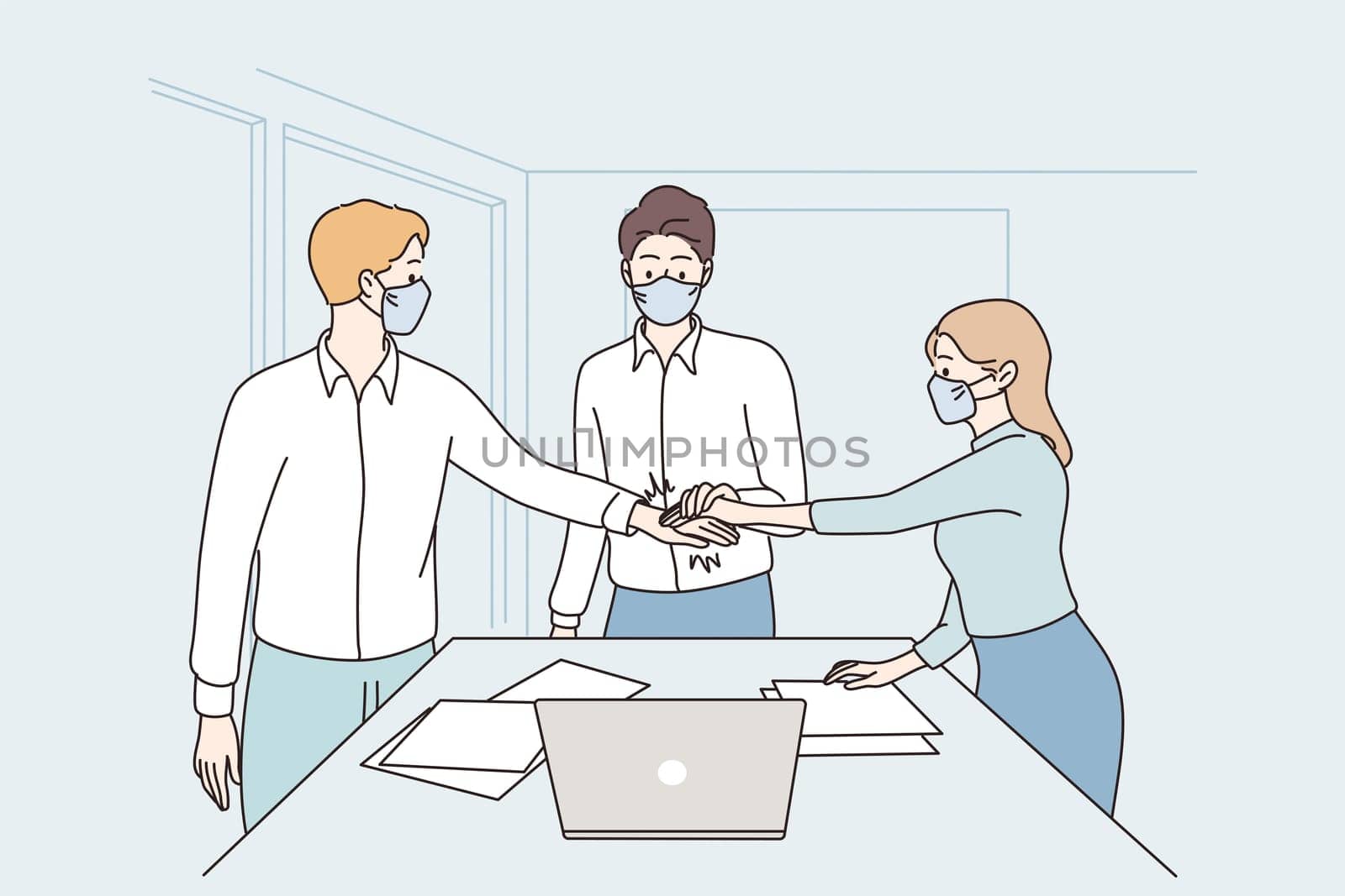 Success, cooperation, teamwork during covid-19 concept. Young business partners workers in face medical masks shaking hands meaning agreement in office during pandemic vector illustration
