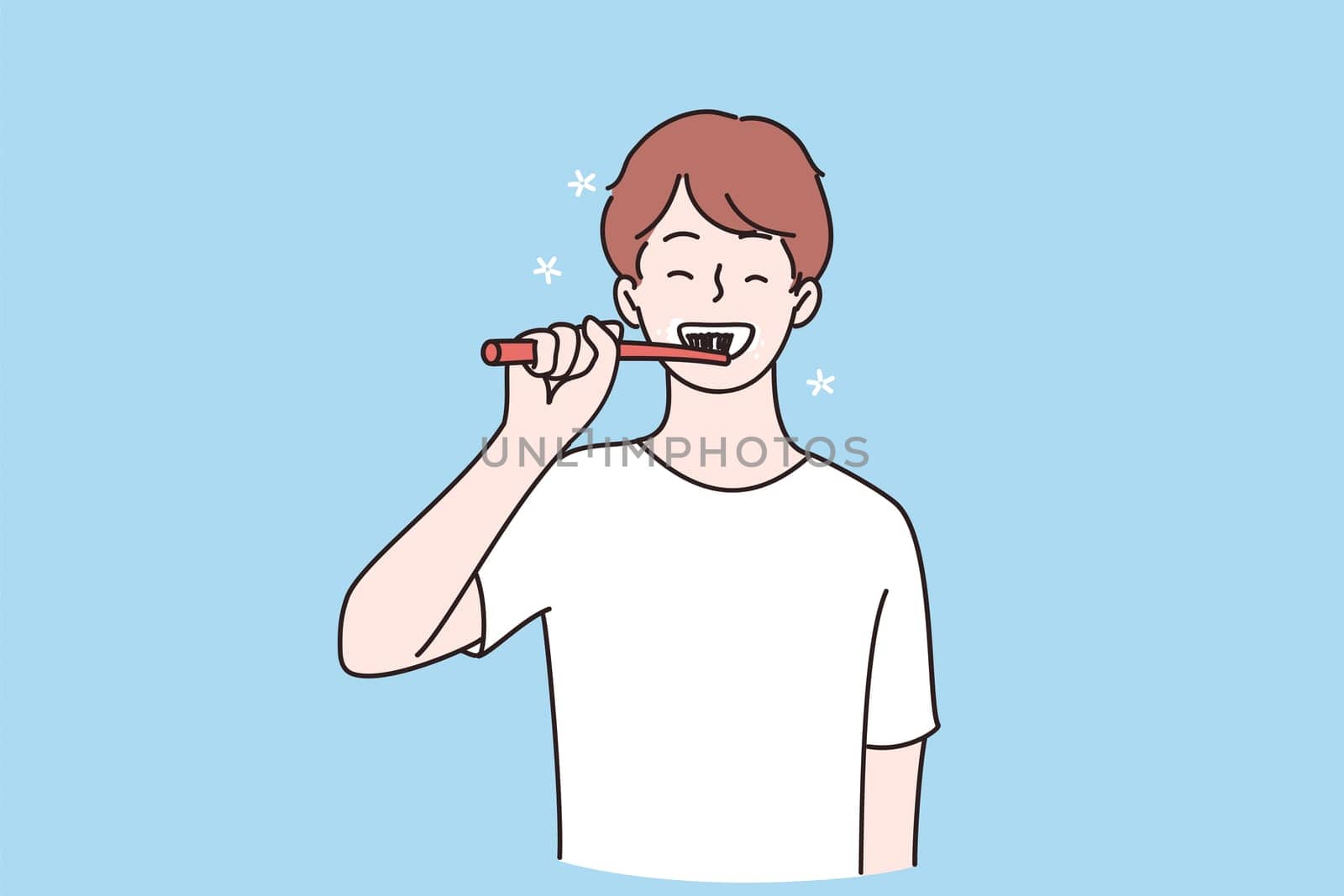 Dental health and hygiene concept. Young smiling child boy cartoon character standing and cleaning teeth with toothbrush brushing teeth with toothbrush vector illustration