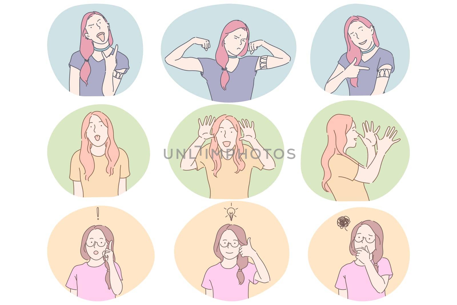 Sign language, gestures, hands and facial expression communication concept. Young girls cartoon characters showing cool strength, power, fun, having idea and showing doubt, having fun and foolish
