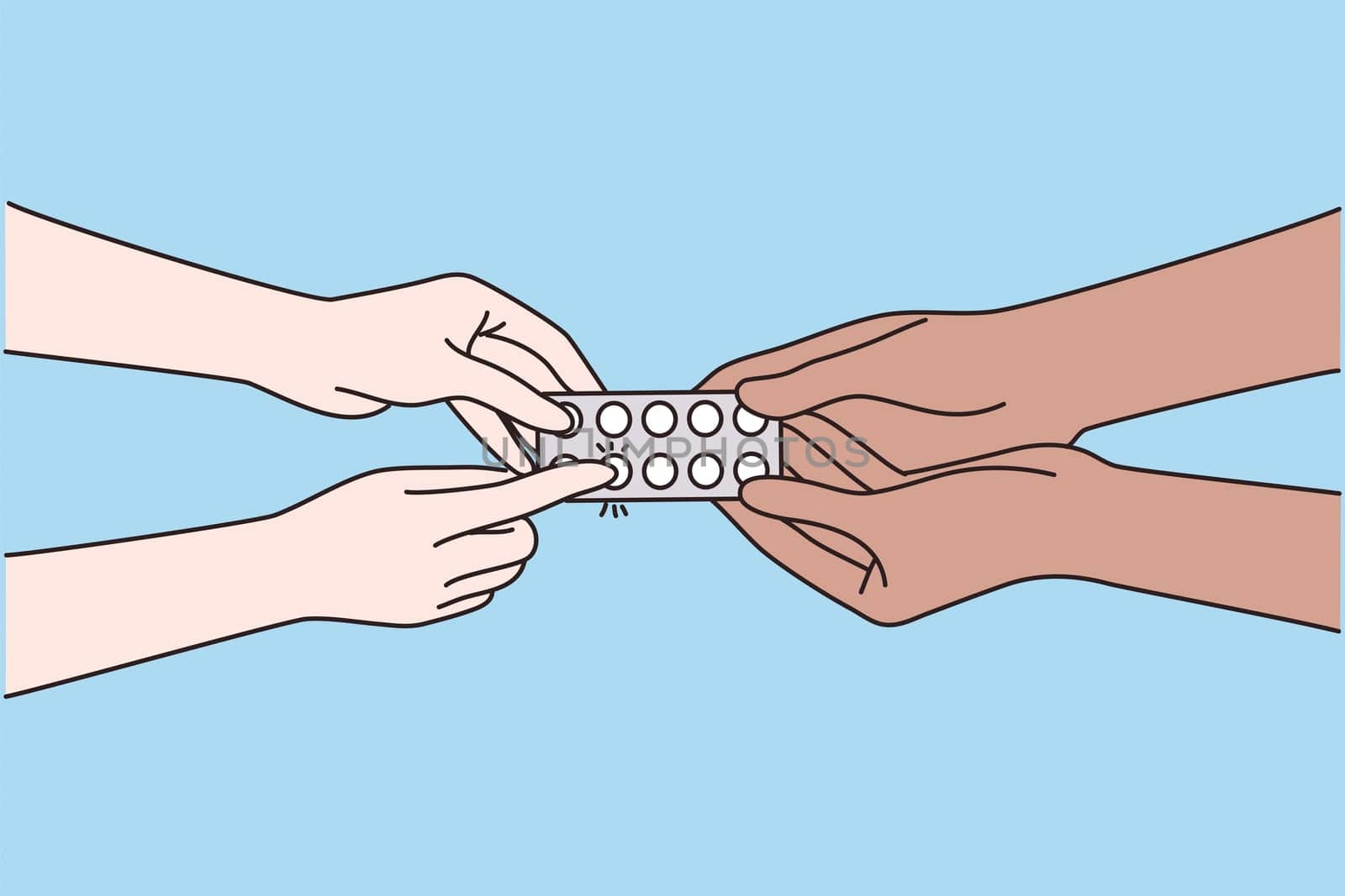 Medical support and healthcare concept. Hands of Doctor or physician recommending pills medical prescription to male Patient during visit vector illustration