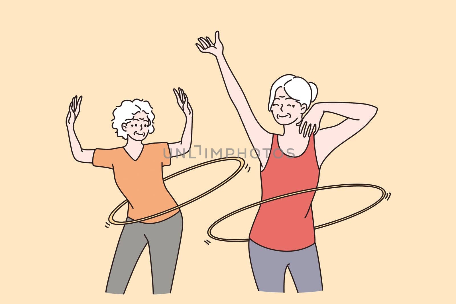 Elderly people active lifestyle concept. Two smiling happy healthy mature aged women friends making sport workout and rolling hoops on waists vector illustration