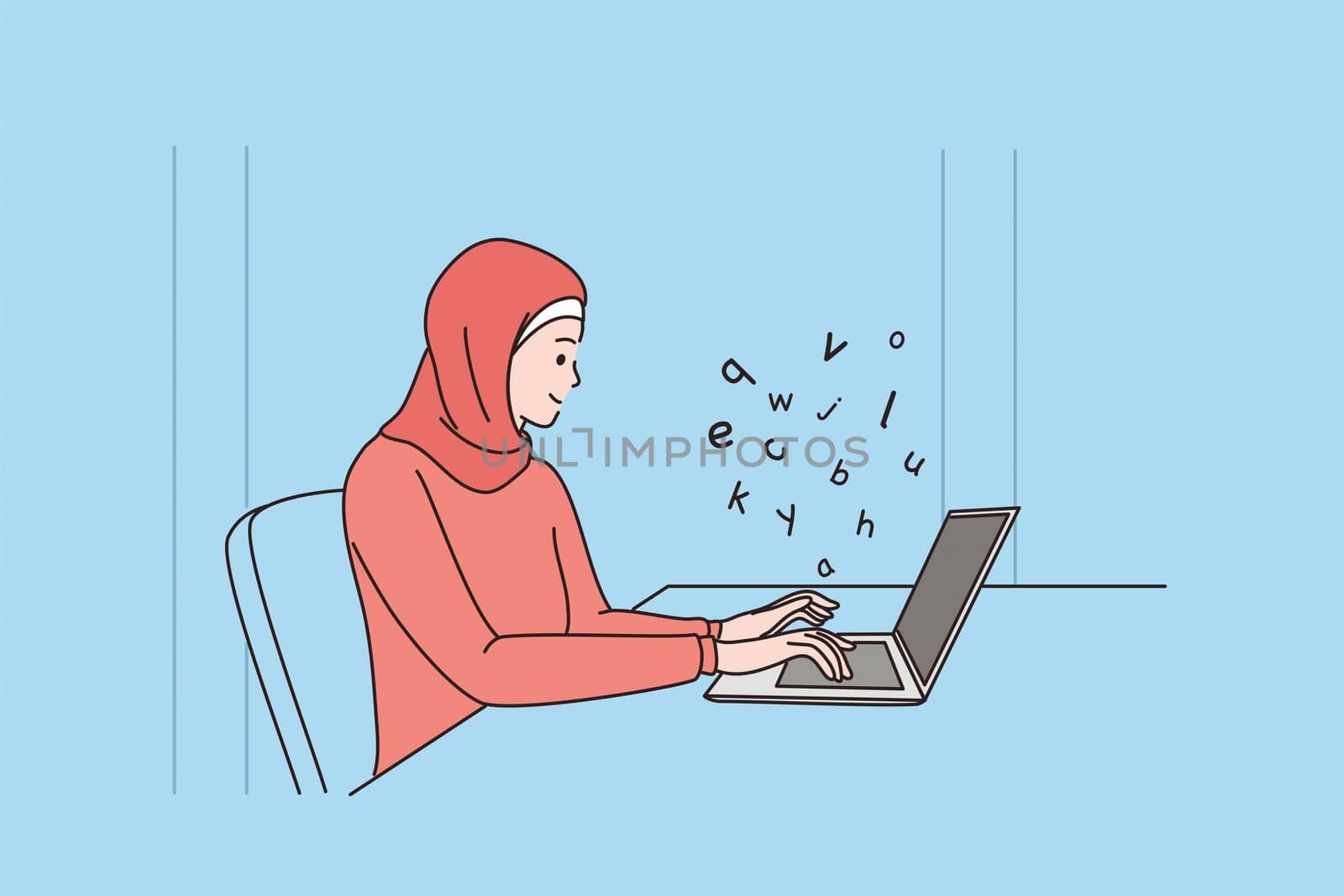 Content writer and working with media concept. Young arab modern woman cartoon character in national costume sitting and working at laptop with Media creation and online freelance article writing