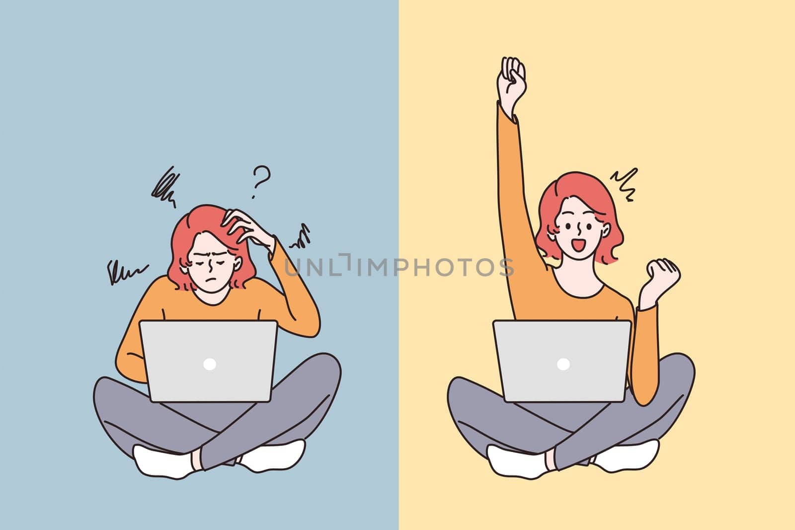 Feeling doubt and having great idea concept. Young frustrated woman sitting on floor feeling doubt with question signs above and having great idea vector illustration