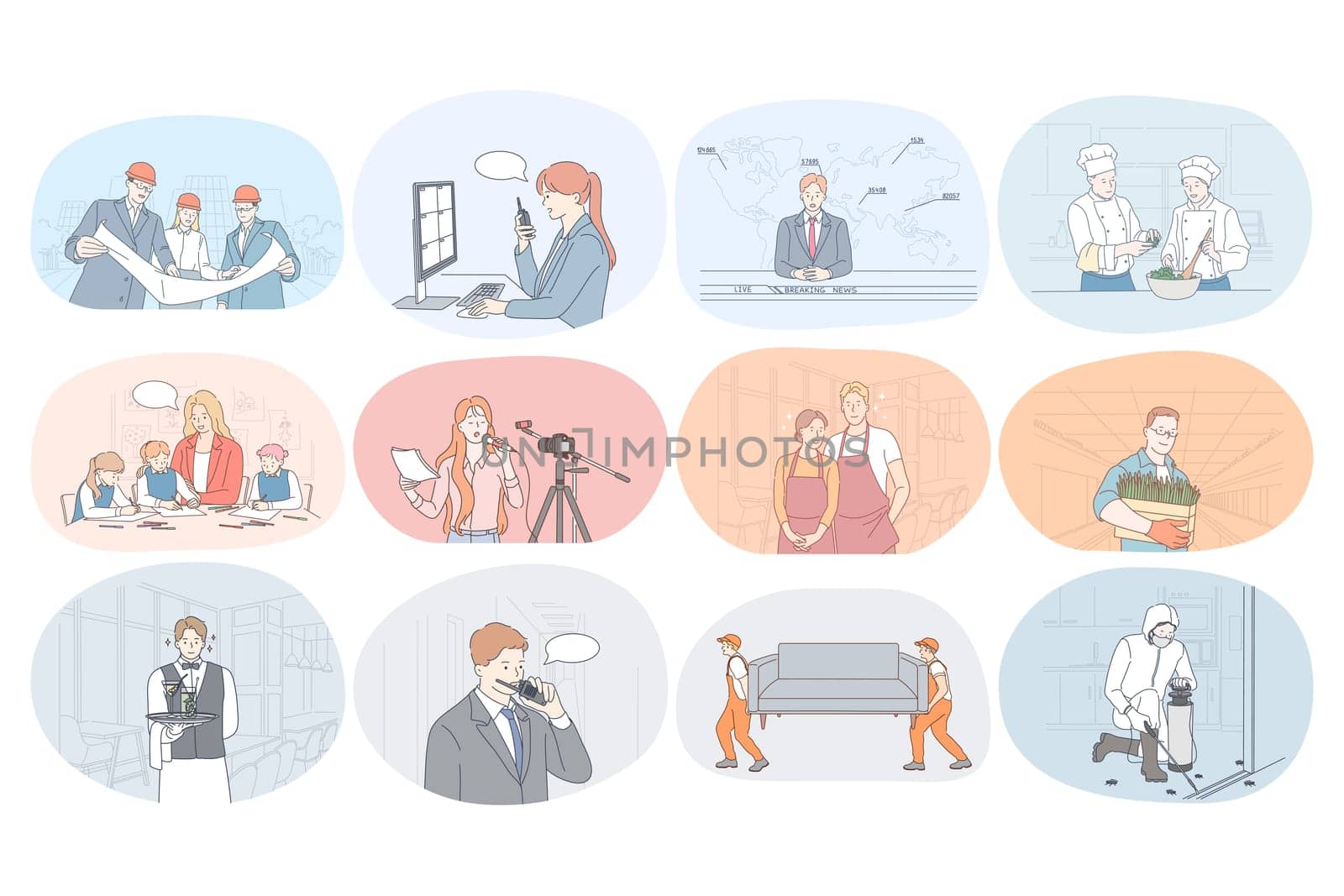 Professions, occupation, work, job, specialists, labor, business concept. People engineer operator presenter journalist cook nanny waiter farmer security guard loader manager during work