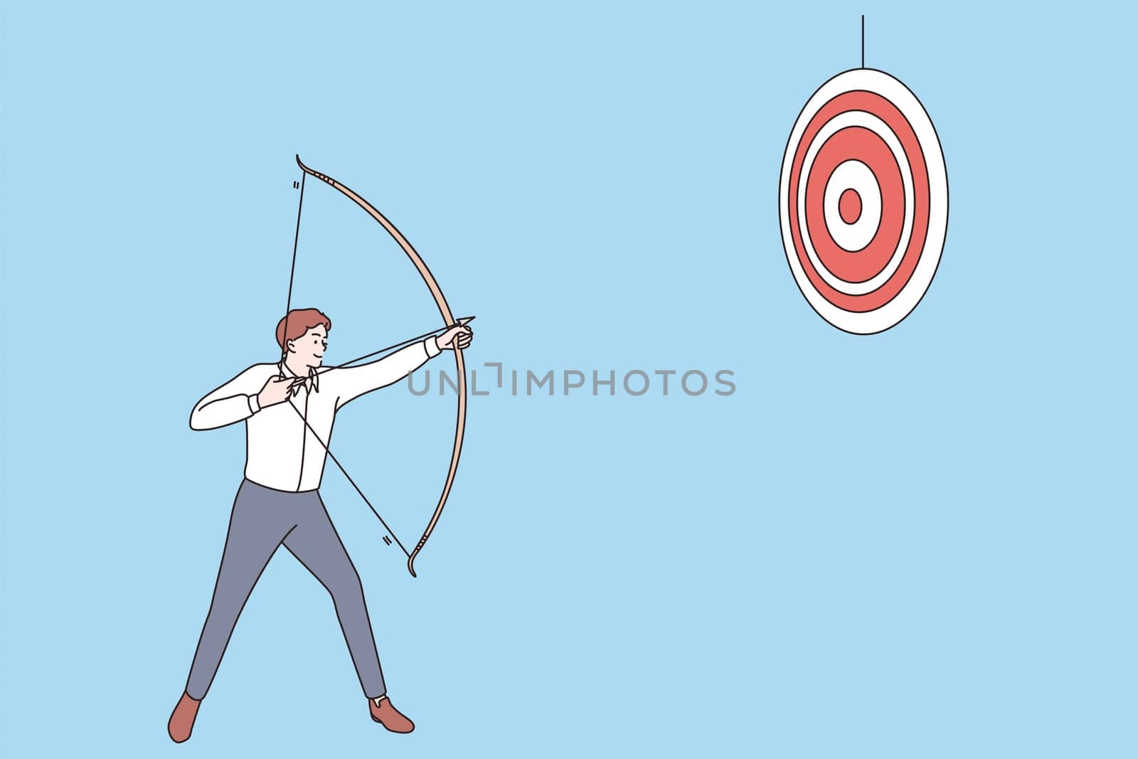 Business success and achievement concept. Young smiling positive businessman cartoon character standing and using crossbow to reach goal vector illustration