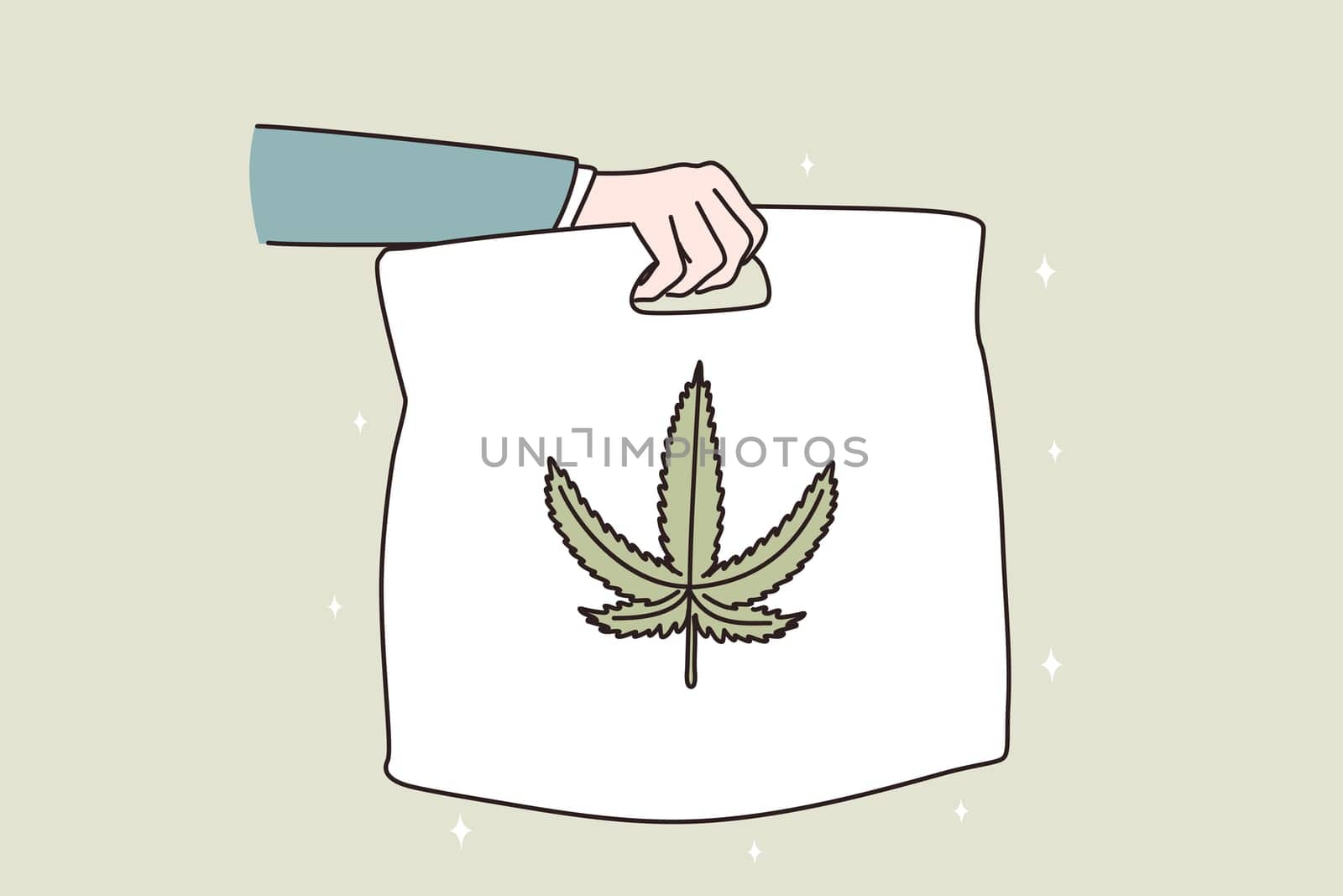 Marijuana delivery and distribution concept. Hand of courier holding package with cannabis with leaf on green background vector illustration