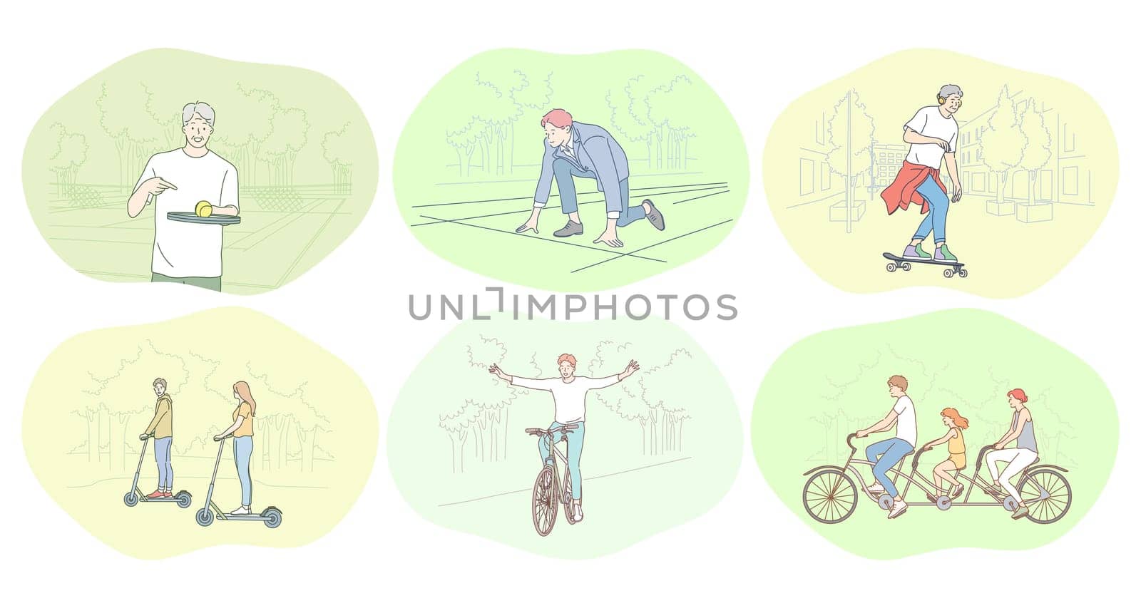 Healthy active lifestyle, sport, leisure hobby concept. Young people enjoying playing tennis, skateboarding, riding bicycle, scooter and running or jogging. Competition, marathon, family activity