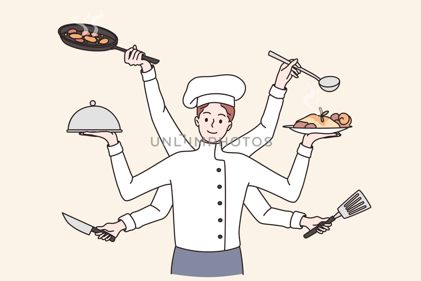 Multi tasking cooking chef concept. Smiling young Multitasking kitchen chef man cartoon character in working uniform standing cooking holding dishes in many hands vector illustration