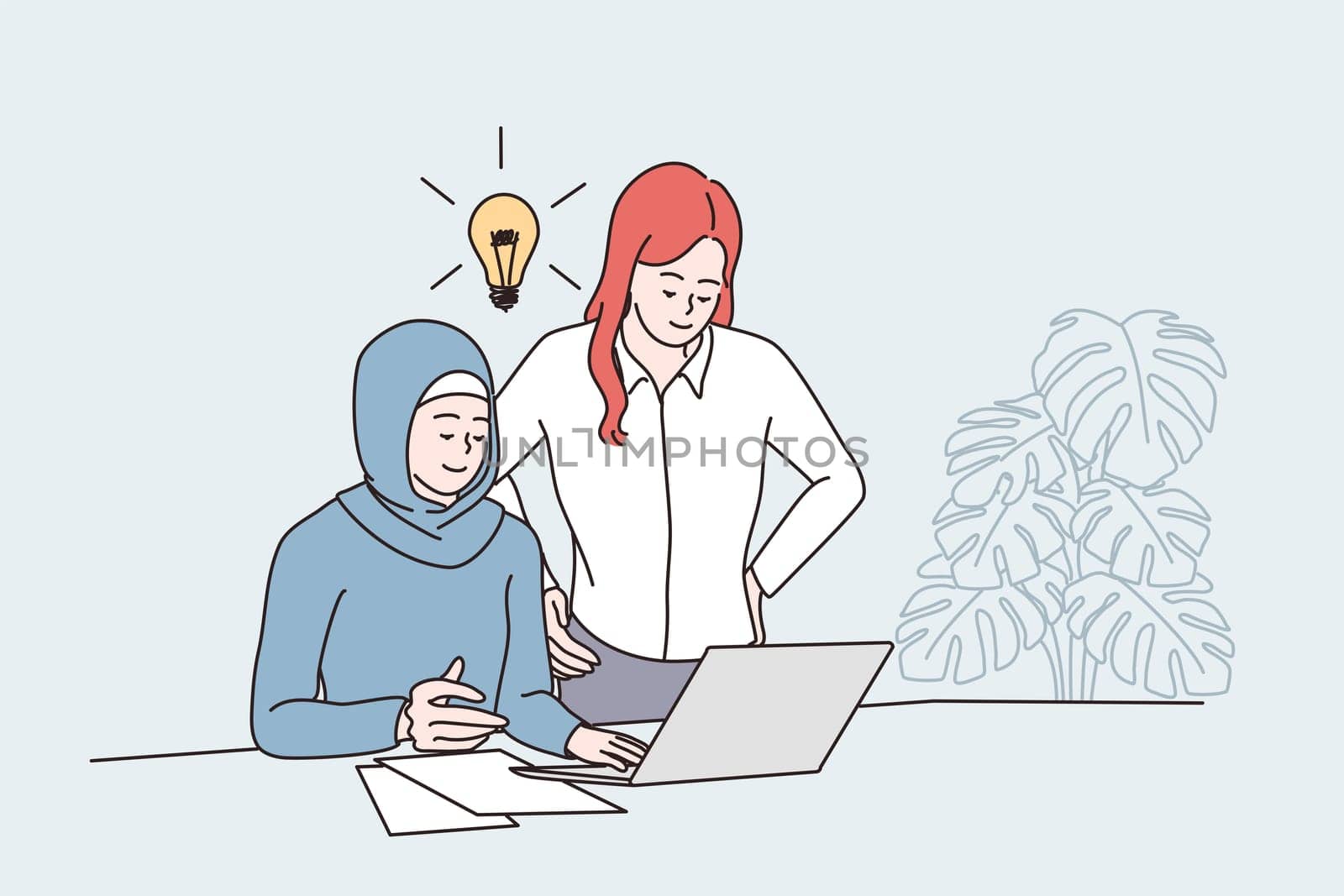 Having business idea and teamwork concept. Young caucasian and arab women colleagues having meeting and discussion in office with great new ideas near laptop vector illustration