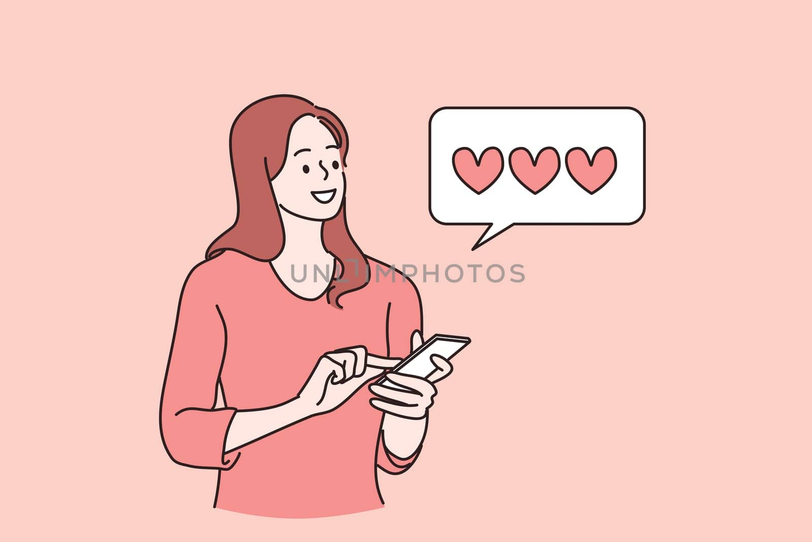 Popular blogger or vlogger concept. Cheerful girl cartoon character popular blogger looking glad standing with smartphone and checking number of followers and likes vector illustration