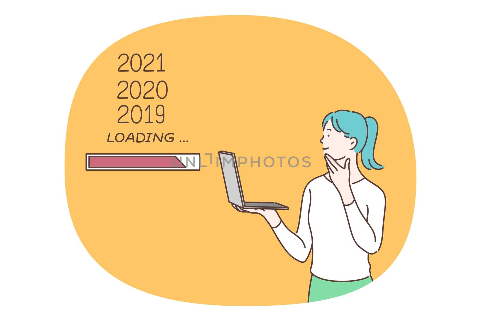Information downloading, software and technologies concept. Young smiling business woman cartoon character standing with laptop and loading data from previous years from internet cloud