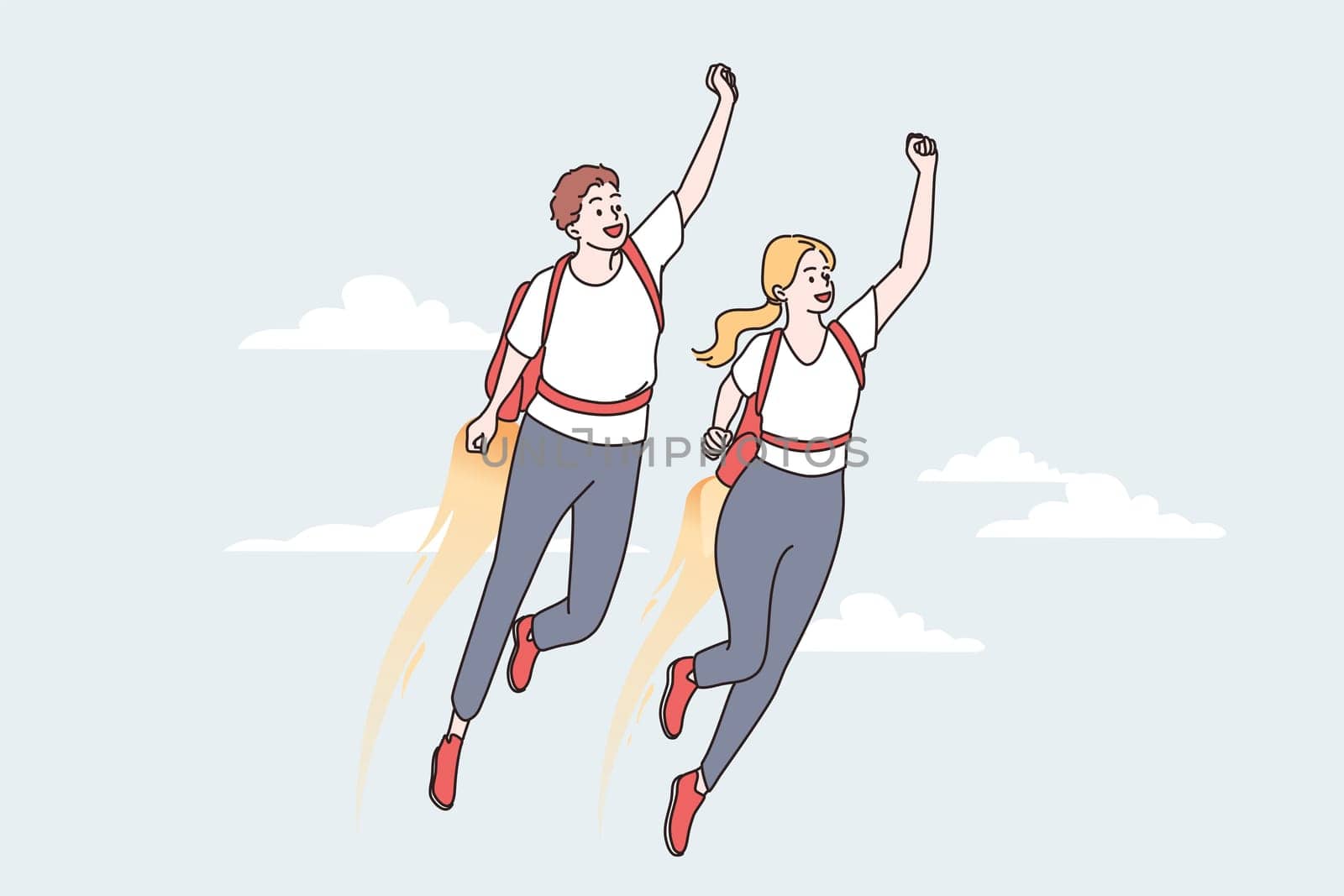 Business success and super power concept. Young smiling positive businessman and woman colleagues in superman attributes flying high reaching business goal together vector illustration