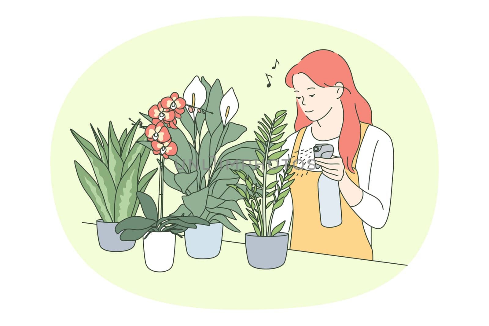 Houseplants and home gardening concept. Young smiling woman watering green home plants in pots taking care of little indoor garden on table and singing