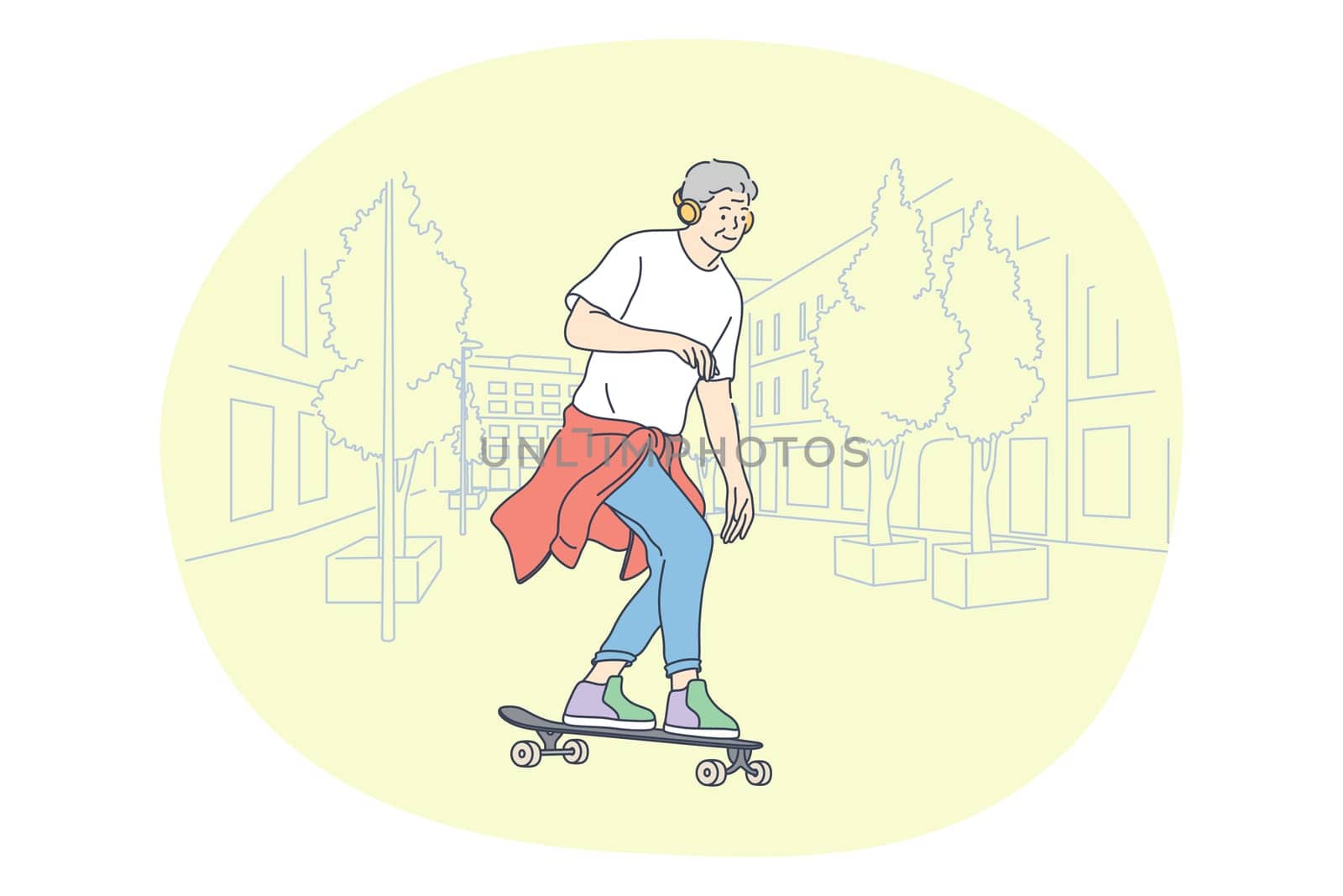 Sport, Healthy active lifestyle, leisure hobby concept. Man cartoon character enjoying riding skateboard in park on summer illustration. Recreation, activity, entertainment, fitness, fun