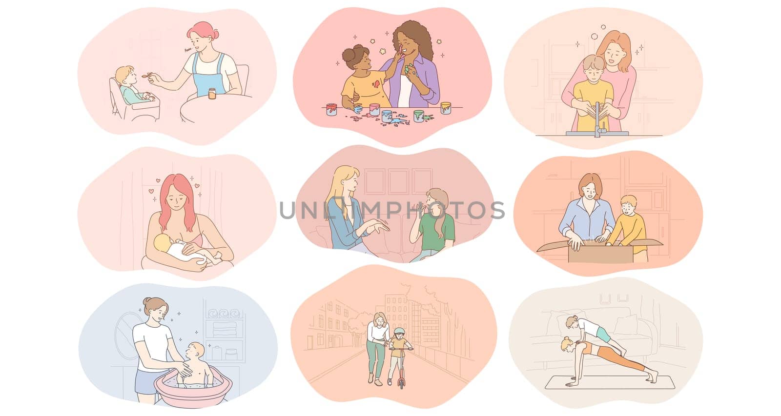 Mother and child, motherhood, home activities with children concept. Young women mothers feeding, playing, drawing, washing, practicing yoga, communicating and teaching children vector illustration