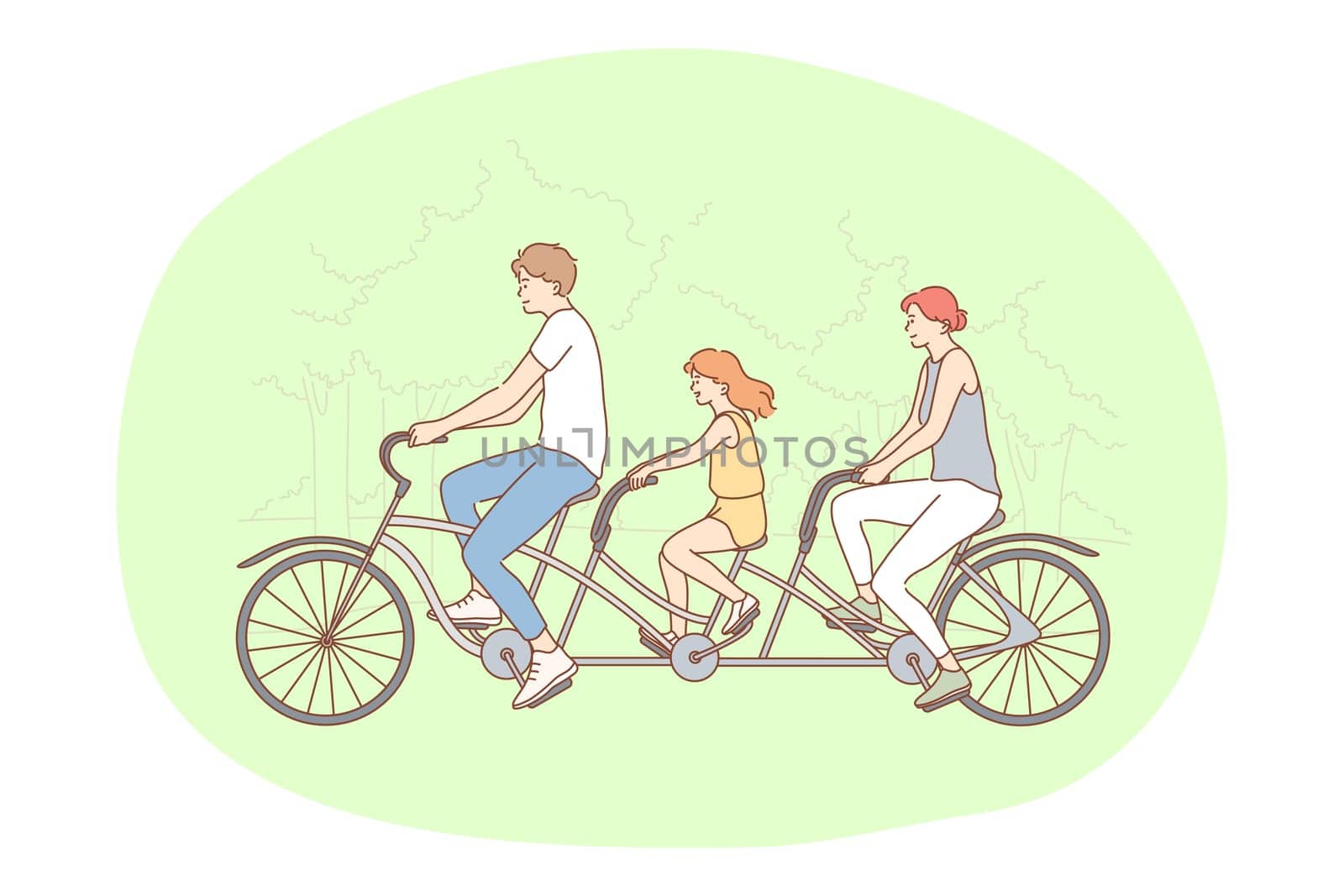Healthy active lifestyle, sport, leisure hobby concept. Young happy family enjoying riding bicycle together in park on summer illustration. Family activity, entertainment, fitness, fun