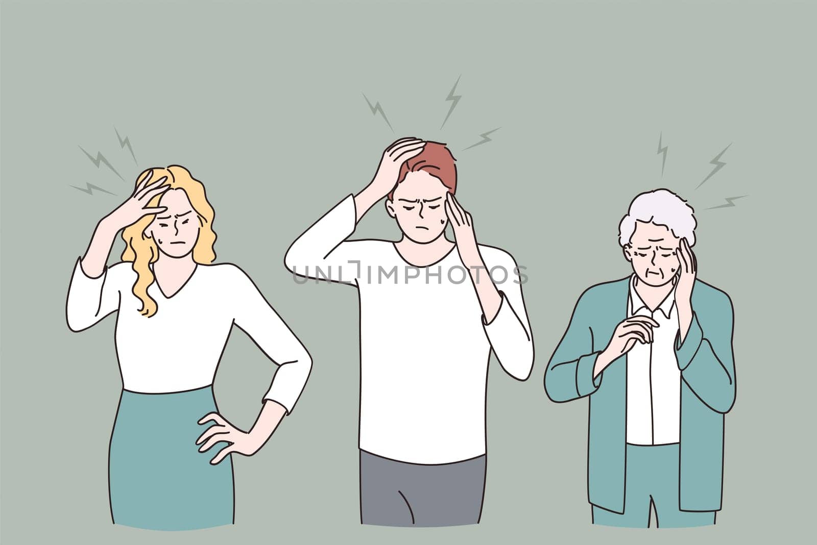 Having headache and pain concept. Group of sad young and old people cartoon characters standing touching heads having headache or migraine vector illustration