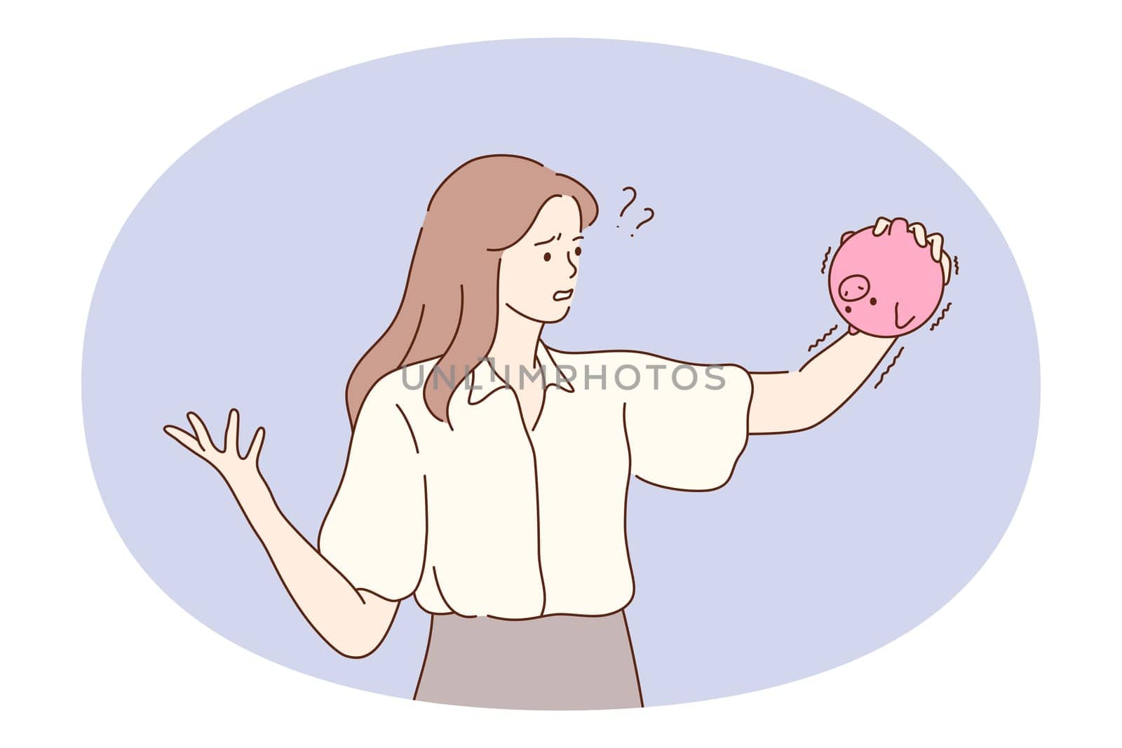 Saving money, piggybank, financial loss concept. Young frustrated woman cartoon character standing with empty pink piggybank and feeling lack if understanding for money loss. Collecting money