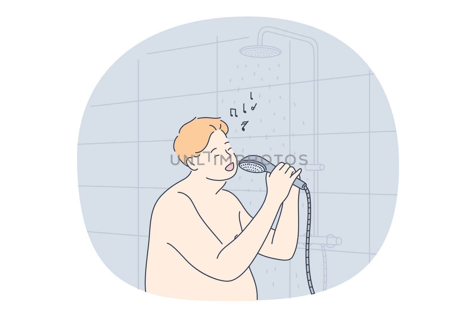 Listening to Music, singing, recreation concept. Smiling man using shower as microphone and singing in bathroom. Music lover, melody, song, hobby