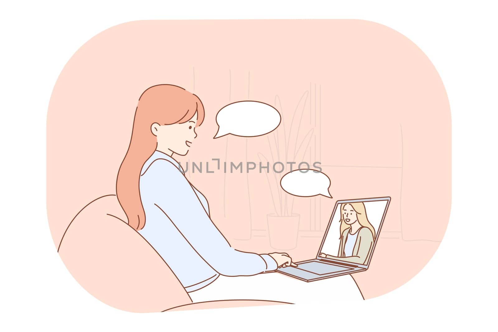 Online communication, chatting, teleconference concept. Young smiling woman cartoon character sitting at home with laptop and communicating with friend online during video call illustration