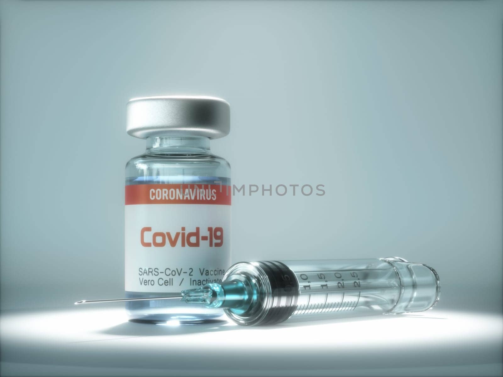 Conceptual image for the discovery of a vaccine for the Covid-19, Coronavirus, 2019-nCoV, SARS-CoV-2. 3D illustration.