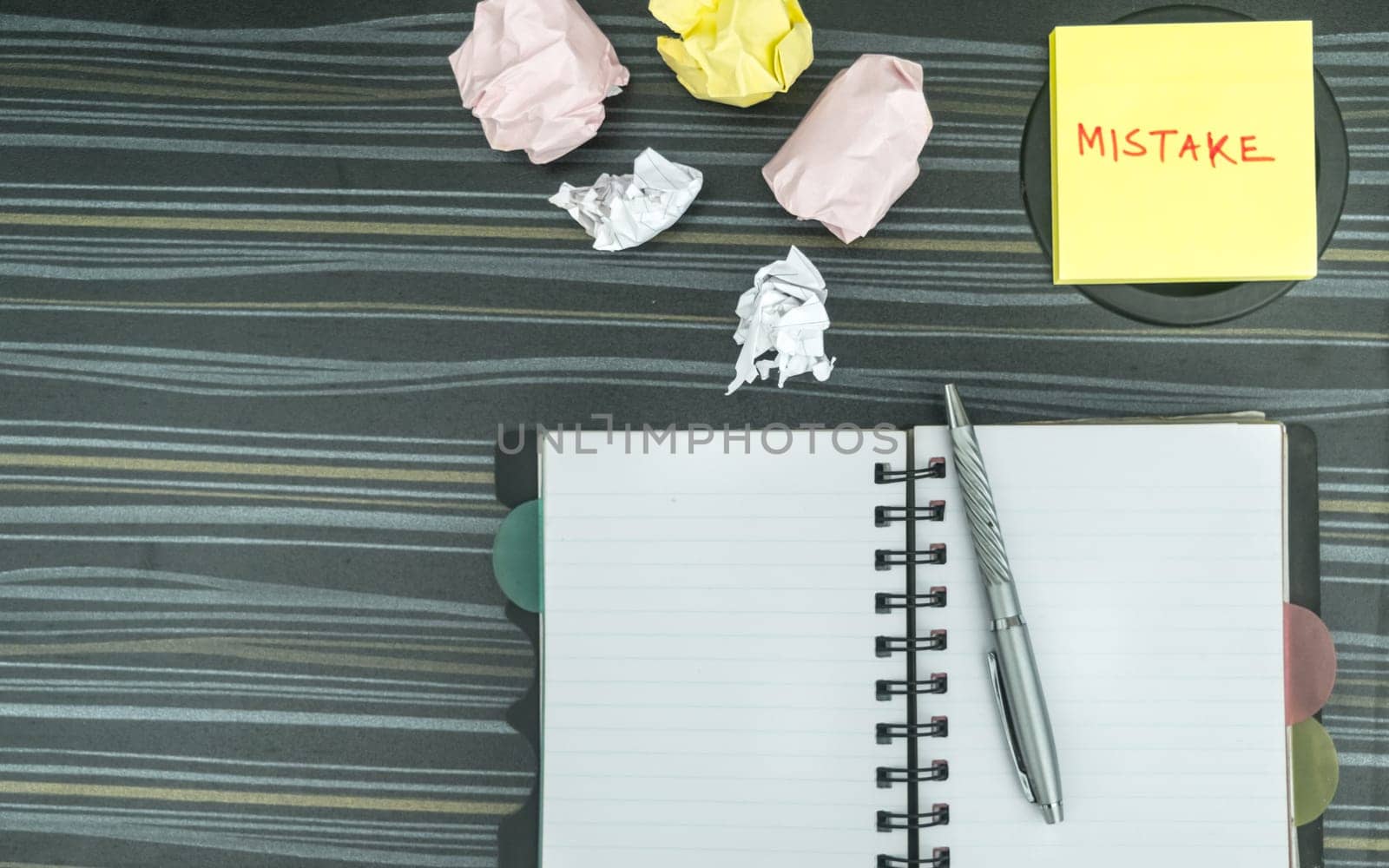 Mistake written on sticky notes. Learning, wrong, blooper, error, regret sayings background. Fault, defect, careless, lesson correction and reconciliation concept for love relationship. Flat lay
