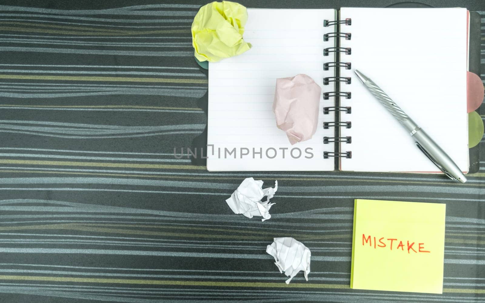 Mistake written on sticky notes. Learning, wrong, blooper, error, regret sayings background. Fault, defect, careless, lesson correction and reconciliation concept for love relationship. Flat lay