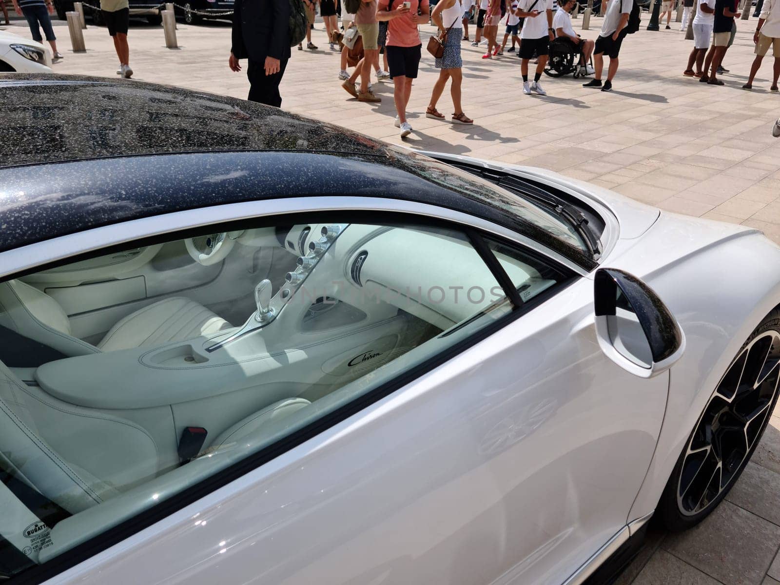 Monte-Carlo, Monaco - July 24, 2021: Interior View Of A White Bugatti Chiron Luxury Supercar Parked In Front Of The Monte-Carlo Casino In Monaco On The French Riviera, Europe