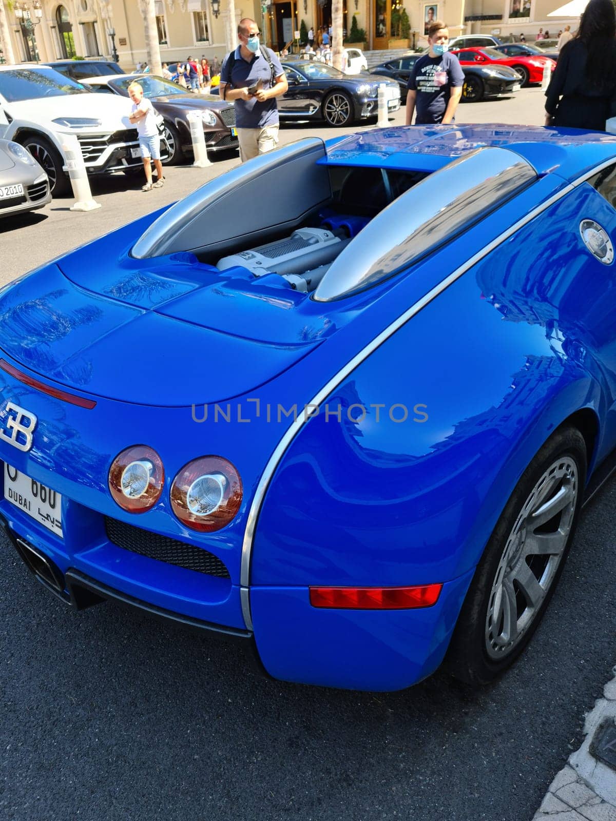 Monte-Carlo, Monaco - August 1, 2021: Blue Bugatti Veyron 16.4 Luxury Supercar Parked In Front Of The Hotel De Paris In Monaco On The French Riviera, Europe. Rear View