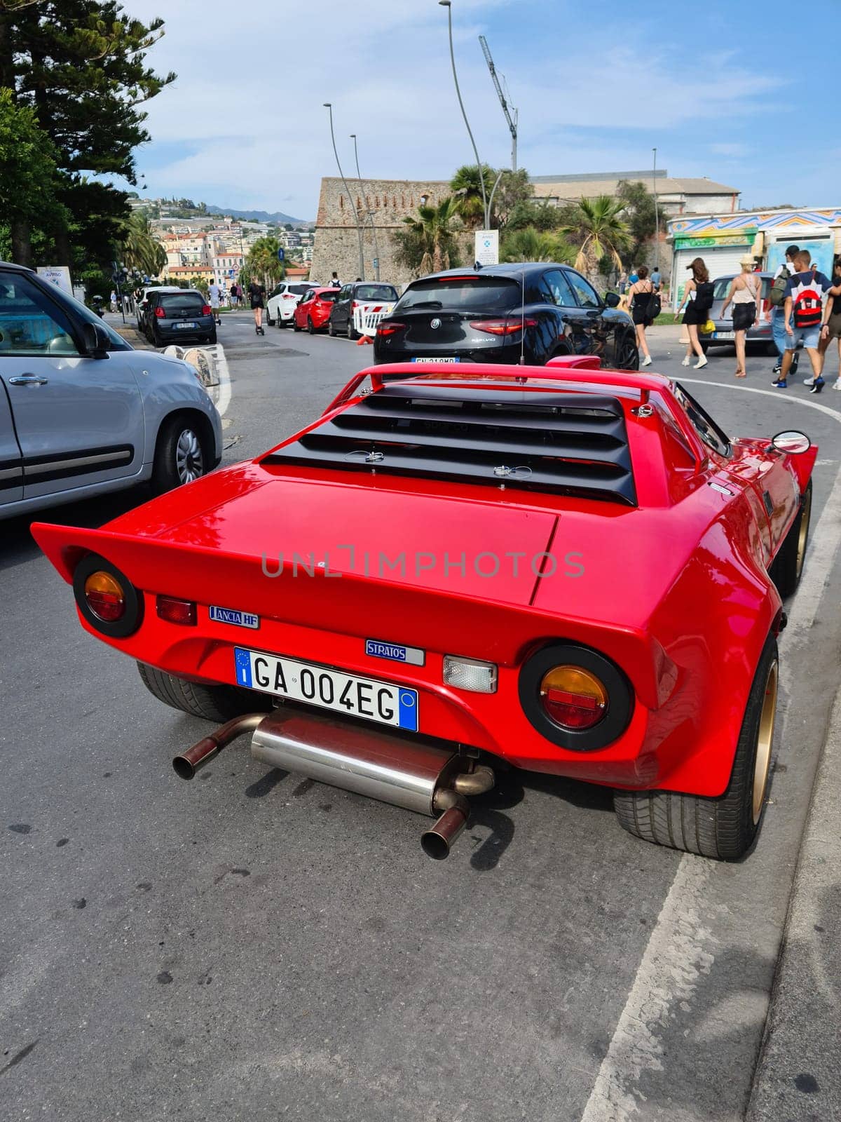 San Remo, Italy - August 8, 2021: Red Lancia Stratos HF Rally Italian Sports Car Parked In The Street Of San Remo In Italy, Europe. Close Up Rear View