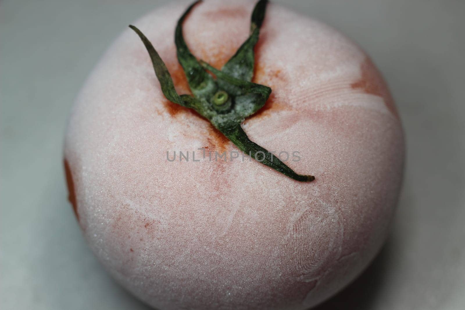 Tomato covered with hoarfrost on a white background. Macro shot of a tomato on a white background.