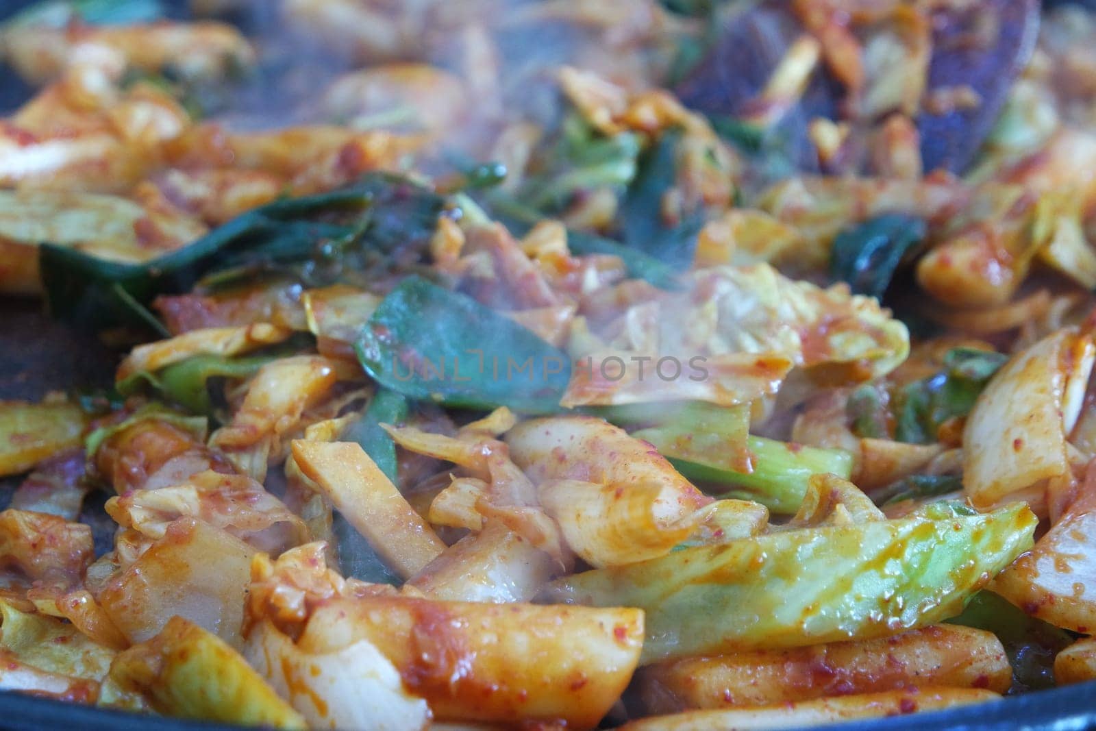 Dak galbi, traditional Korean food preparation. Fried chicken with spice sauce and vegetable. Chuncheon, Korea Dakgalbi, traditional food