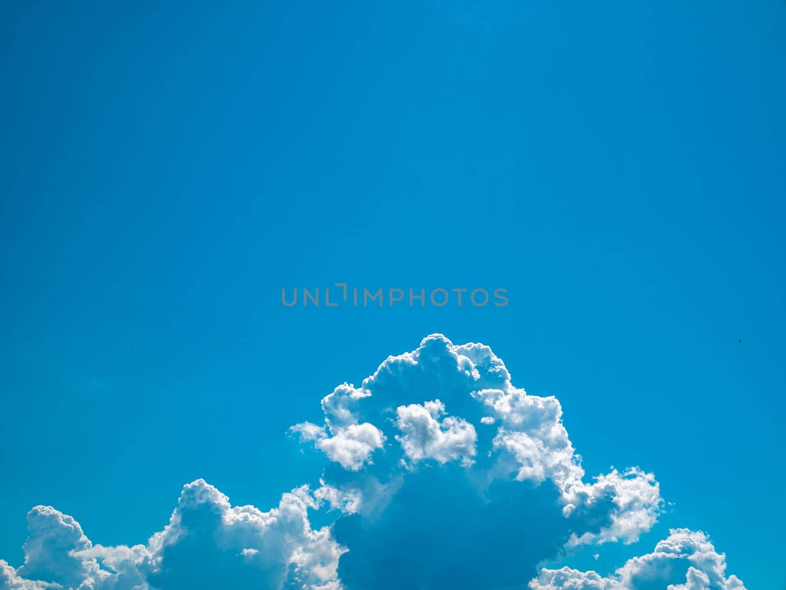 White cumulus cloud against blue sky in sunlight. Cloudy landscape. Background image. Heavenly paradise. Place for your text. Advertising photo. Poster. Template.