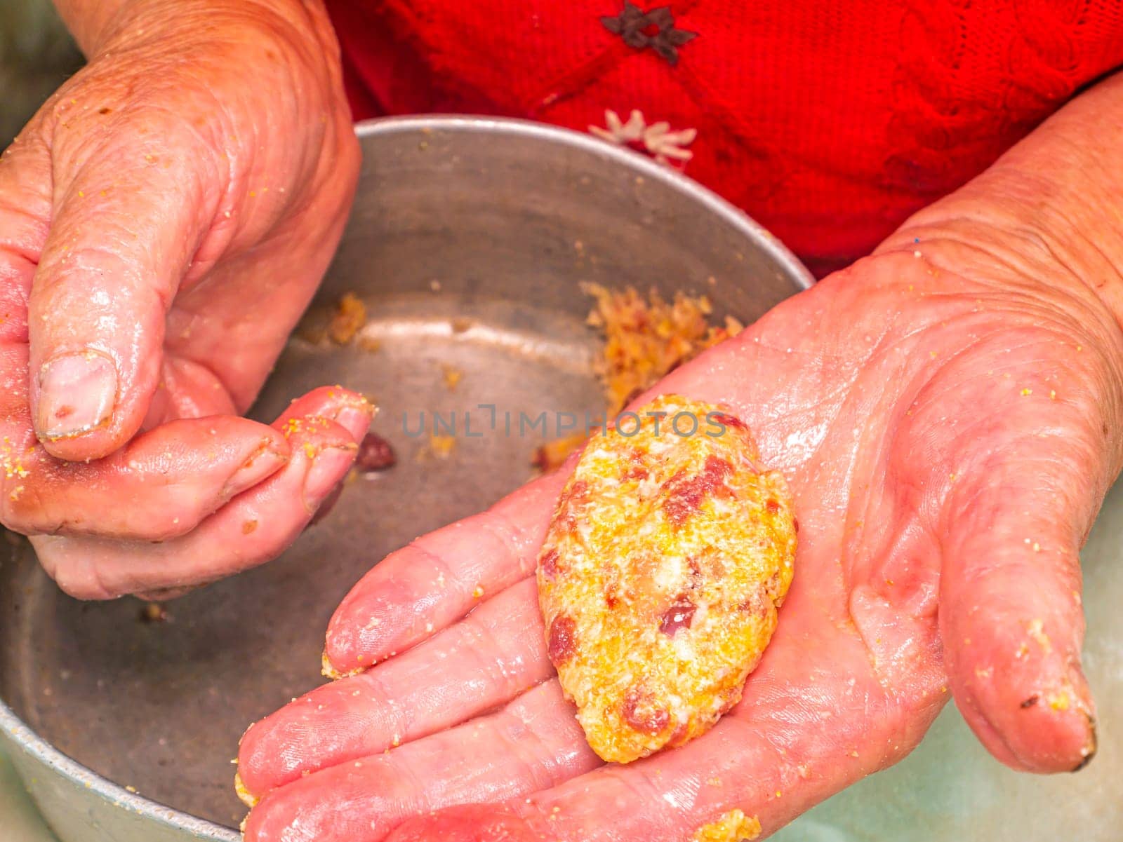 Raw meat cutlet in the hands of the cook. Food photo. Meat dish. Preparing food. Home kitchen. Recipe. Raw minced meat. Chicken's meat. Cutlets. Cook. Human hands. Advertising photo.