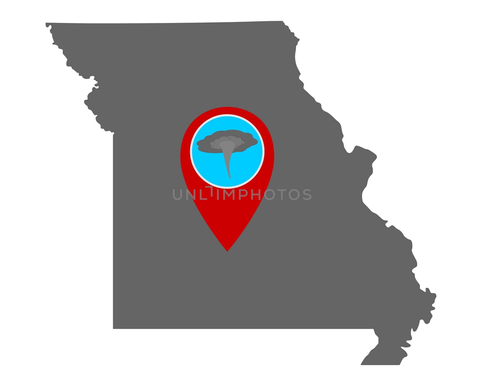 Karte von Missouri und Pin Tornadowarnung