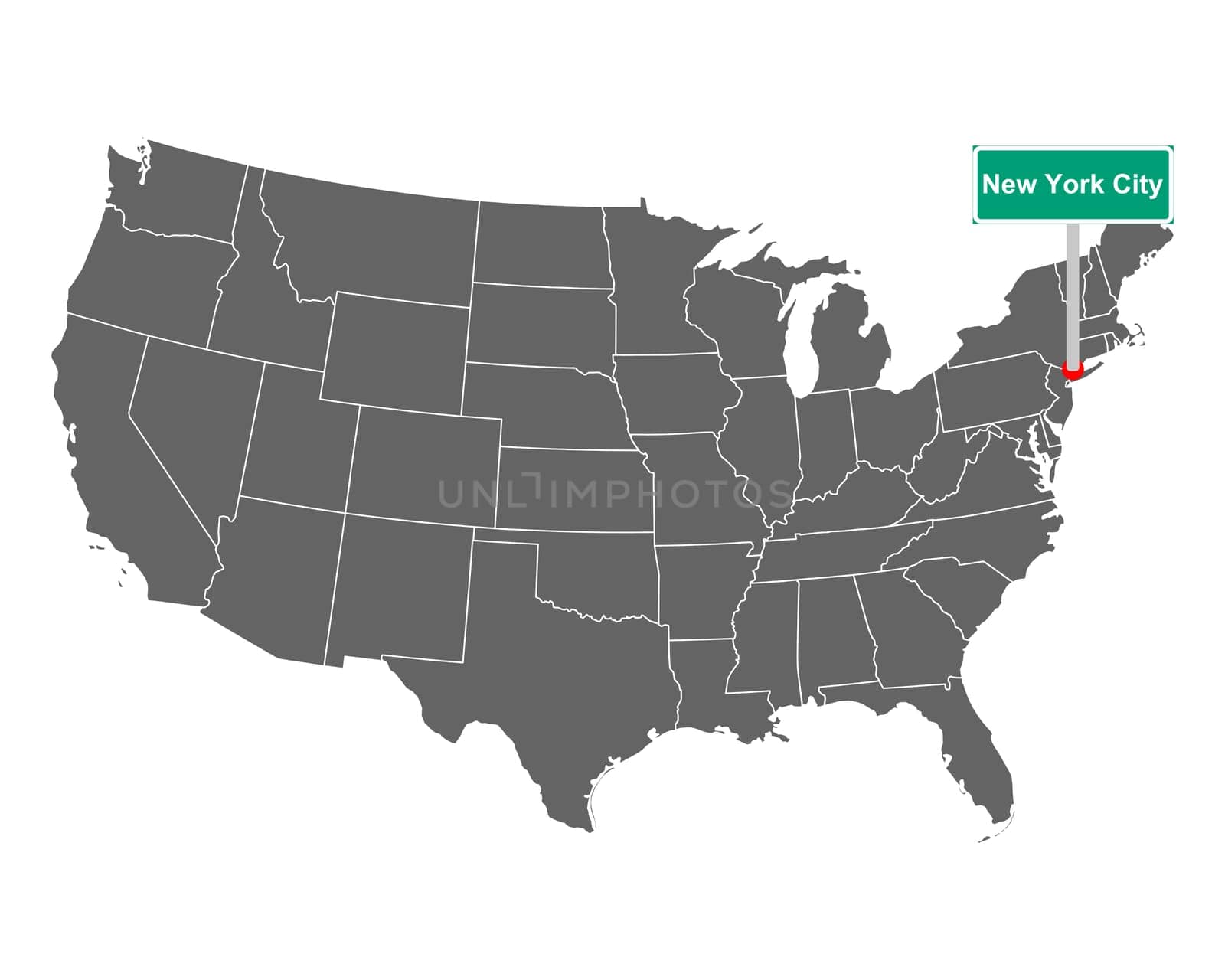 Landkarte der USA mit Orstsschild New York City