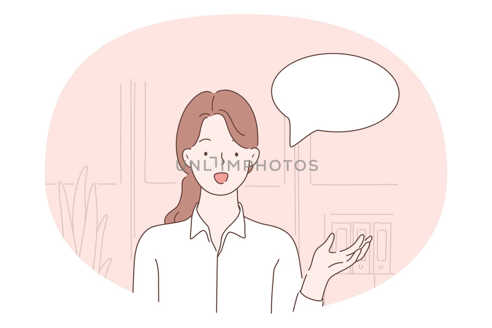 Communication, chat, speaking concept. Young smiling girl cartoon character standing and talking with speech bubble near vector illustration