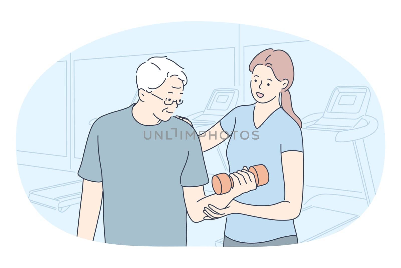 Fitness coach, rehabilitation, active lifestyle concept. Young smiling woman cartoon character sports instructor helping elderly man with right exercising with dumbbells in gym vector illustration