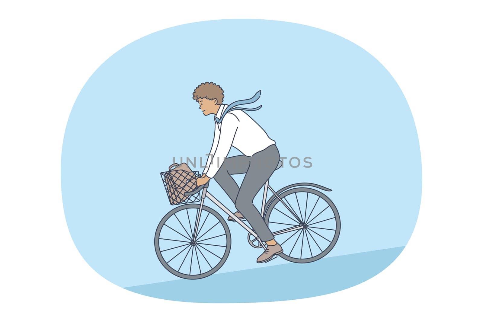 Healthy active lifestyle, sport, leisure hobby concept. Young happy man enjoying riding bicycle in park on summer vector illustration. Recreation, activity, entertainment, fitness, fun
