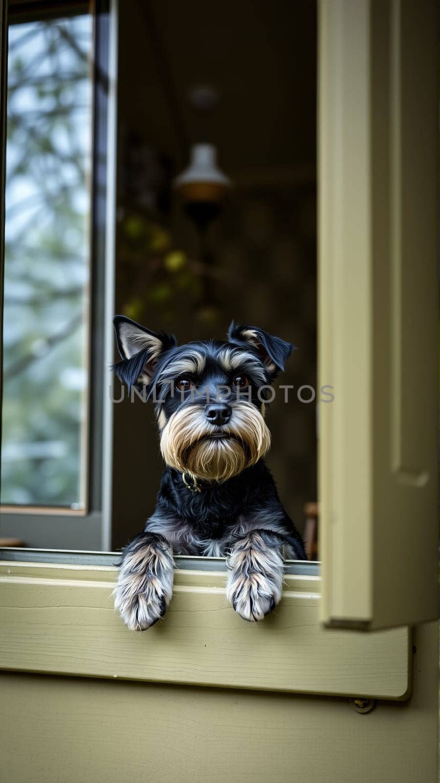 The dog wants to go for a walk. The Zwergschnauzer is looking at the street from the window of the house. In the yard, there are fresh spring foliage on the trees.. High quality photo