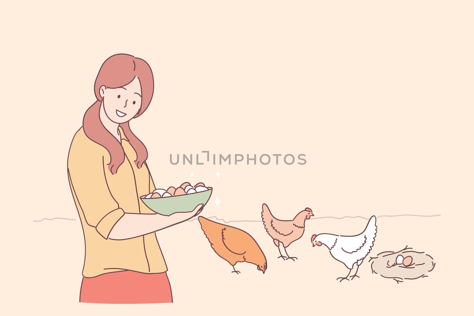 Farm, agriculture, farmer concept. Young smiling woman cartoon character standing and holding bowl of fresh eggs with eating chicken at background on farm vector illustration