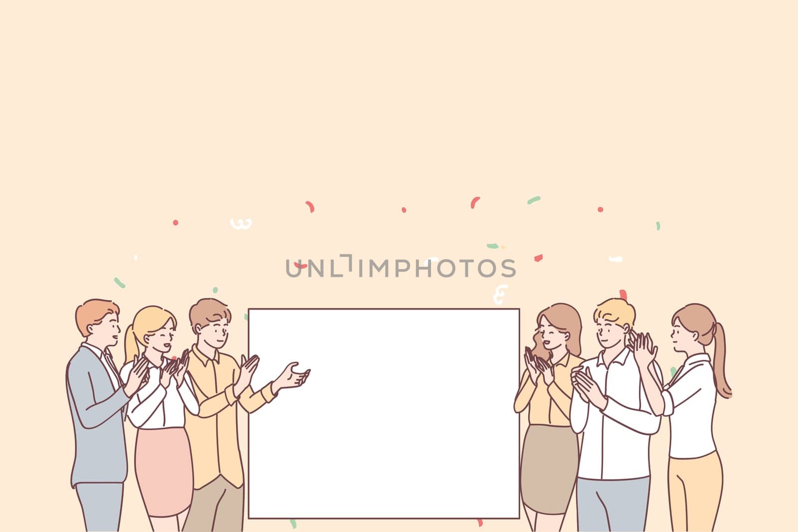 Promotion, demonstration and admiration concept. Group of young smiling positive people office workers standing applauding and looking at white blank mockup for text ad copy space vector illustration